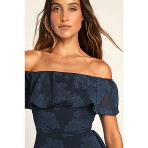 Lulus Pretty Perfect Navy Floral Burnout Off-the-shoulder Midi Dress Blue